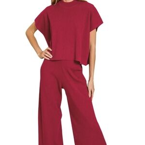 Zenana Burgundy 2-Piece Matching Lounge Set Medium Boxy Top Wide Leg Pants NWT